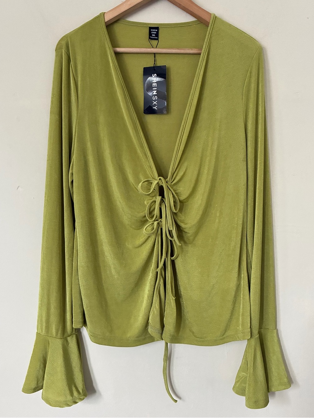 Shein SXY Curve Lime Green Tie Front Bell Sleeve Fairycore Festival Top 3XL NEW